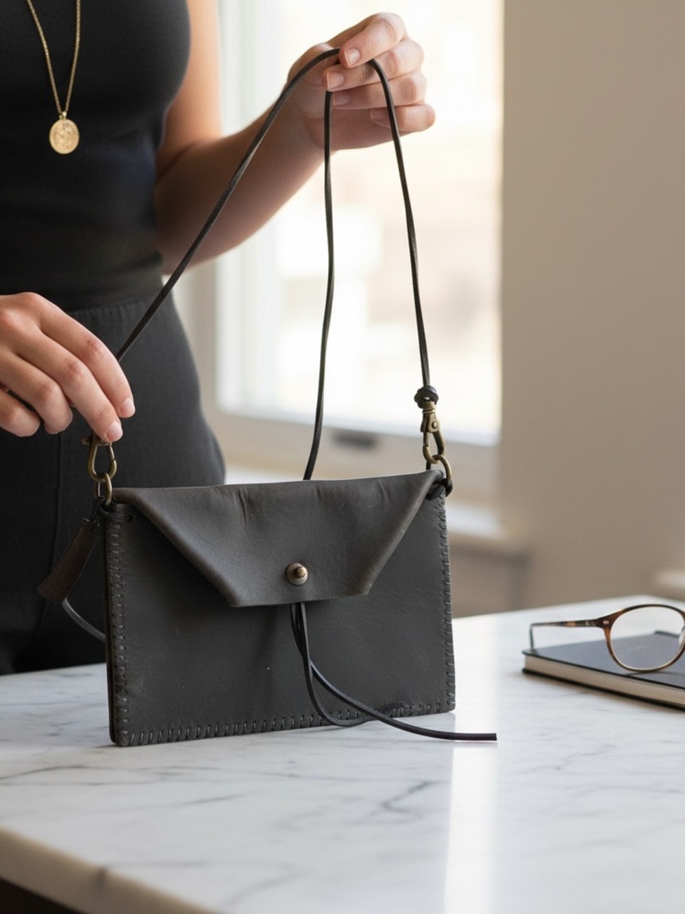 NWT NOMADIKA Brown Leather Minimalist Bohemian Leather Envelope Crossbody Bag